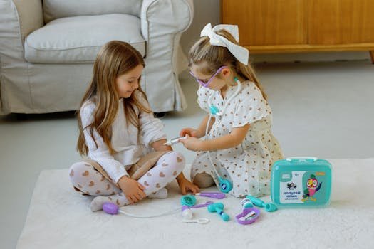 Two young girls engaged in a doctor role-play game indoors with toy medical kit.